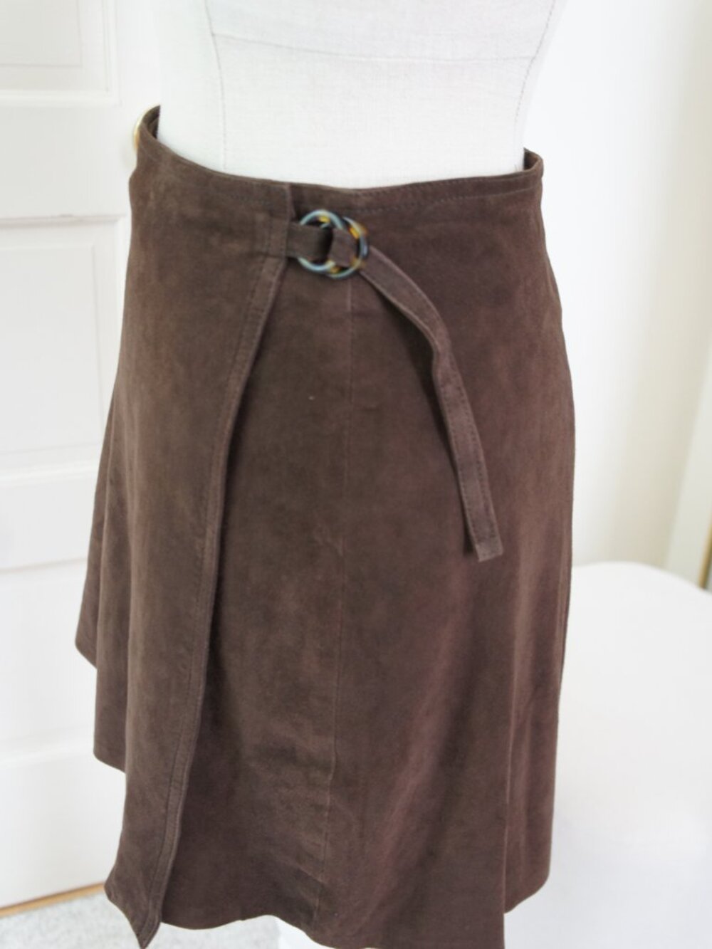 Vintage 90s GAP 100% Real Suede Leather Dark Brown Wrap Skirt Size Medium